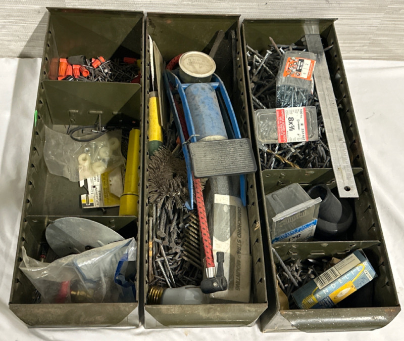 3 Metal Compartments Filled with an Assortment of Hardware and Tools