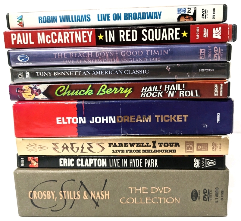 Music and Performance DVDs: Eagles, Eric Clapton, Crosby Stills & Nash, Chuck Berry, Tony Bennett, Beach Boys Paul McCartney, Robin Williams Live on Broadway