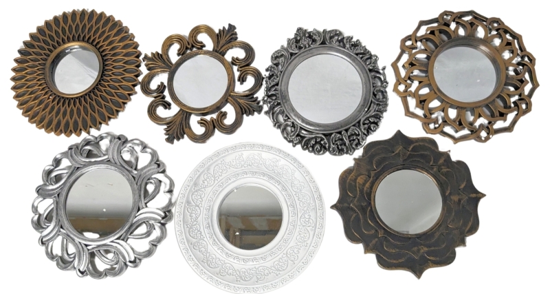 7 Decorative Wall-Mounted Plastic Mirrors | 9-10" Diameter