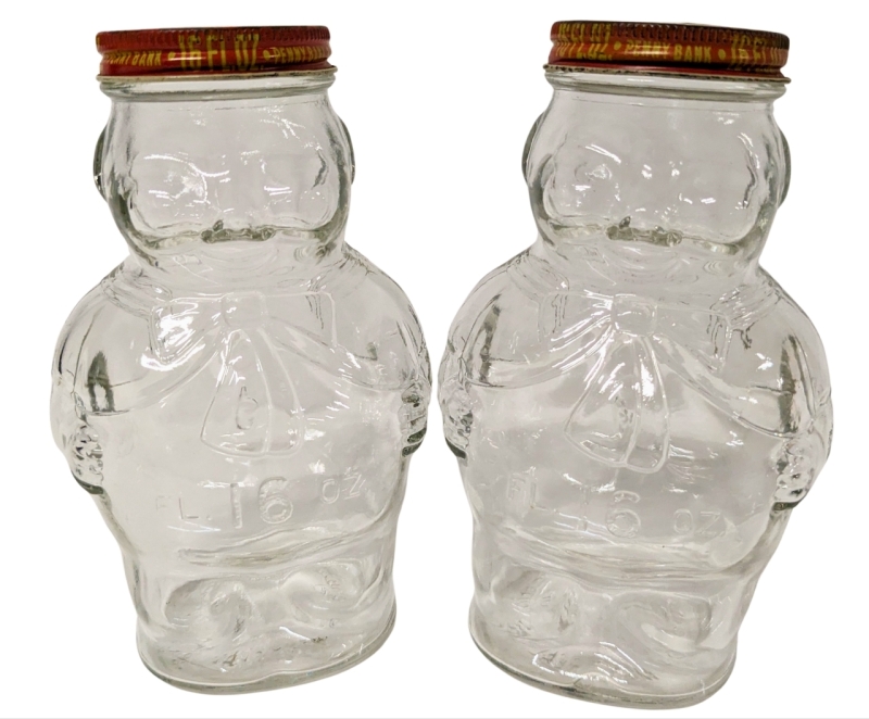 2 Vintage GATTUSO Bambino Olive Figurative Glass Jars w Coin Bank Lids | 16oz Jars 6.25" Tall ea