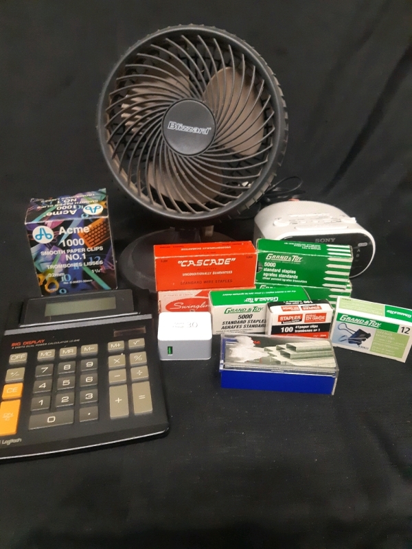 Assorted Office Desk Supplies, Includes Staples, Holmes Table Fan, Big Display Calculator, Paperclips, Sony Alarm Clock, Fold Back Binder Clips and a Quick Charge 3.0 Charging Block