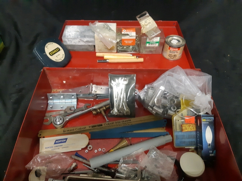 Vintage Metal Heavy Duty Tool Box With Assorted Box Contents Incldued but not limited too, Socket Wrench with Sockets, Wrenches, Tape Measure, Screws, Saw Blades, hinges, Drill bits