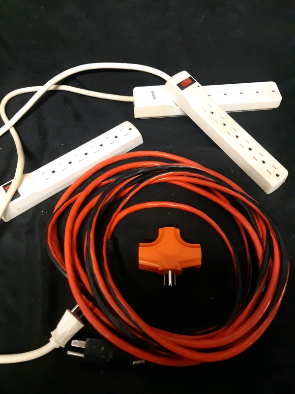 Extension Cord Approximately 25' Feet, and Three 6 Plug Power Bars With Approximately 3' Foot cord Length, 3 Outlet Power Adapter