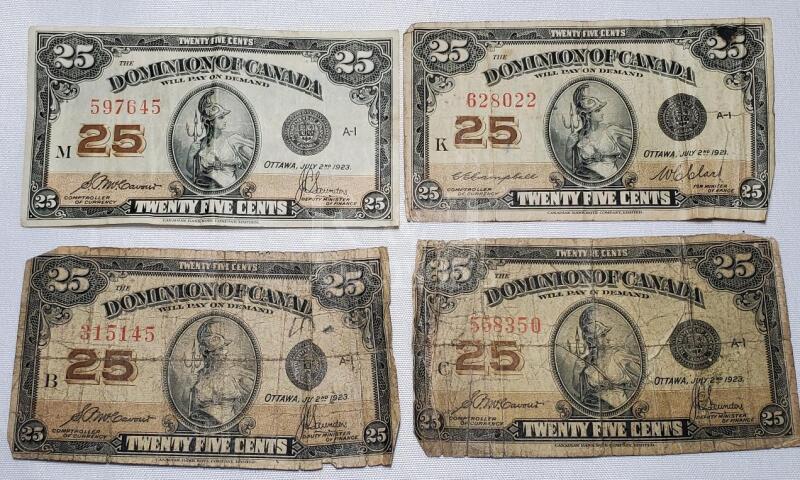 1923 Canada 25 Cent Bank Notes: Four (4) Shinplaster