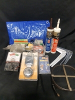 Box of Assorted Supplies, Vintage Sewer Drain Snake, Tarp, Battery Tester, Door Bell, Pro Bond Putty, Screws and Bolts, Mastercraft Key Lock and More