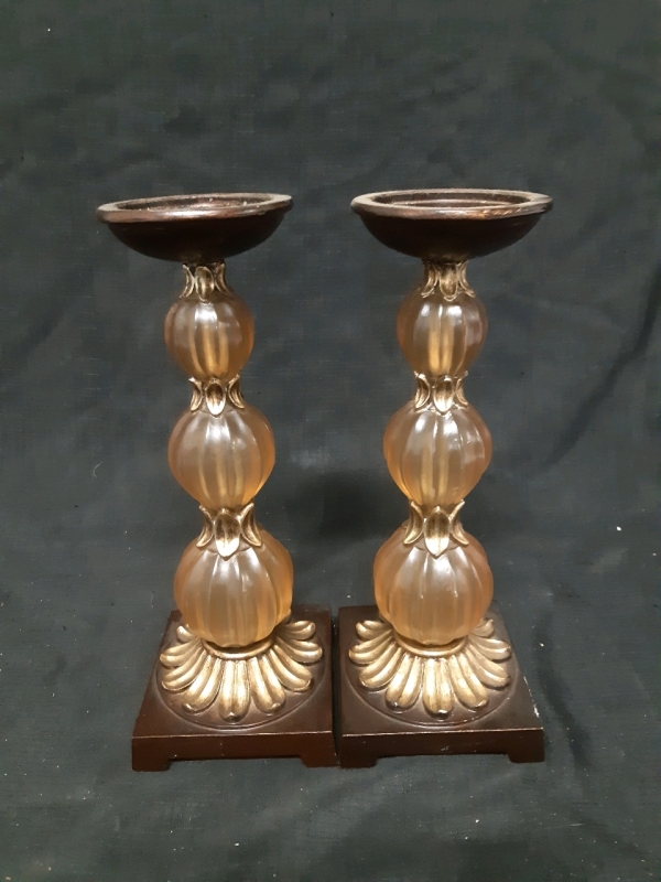 Set of 2 Mid Century Modern Candle Holders With Wooden Base *Measures 13" Tall*