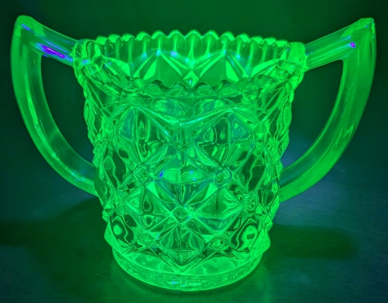 Vintage Uranium Glass Open Sugar Dish w Double Handles | 3.25" Tall