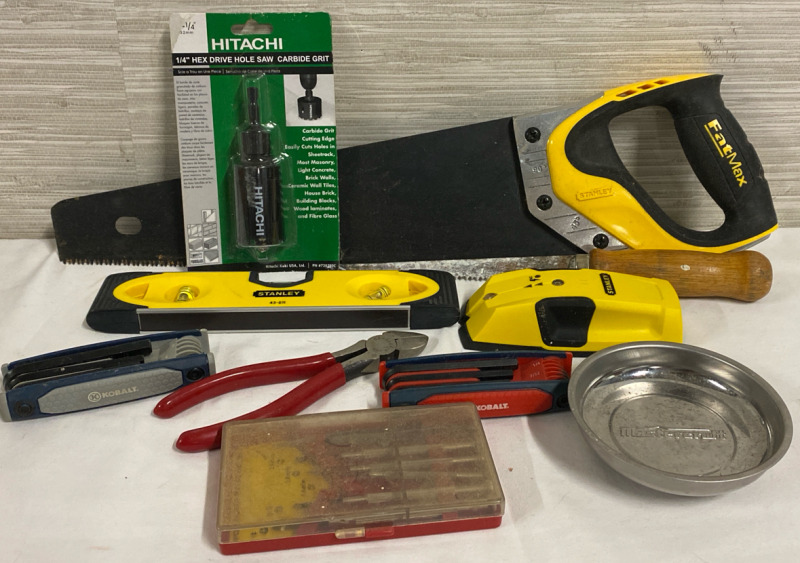 Tool Lot Includes New Hitachi 1/4” Hex Drive Hole Saw Stanly FatMax Hand Saw Drywall Saw Stanley Level and Stud Finder Kobalt Allen Keys Wire Cutter 5 Piece PrecisionScrew Driver Set & a Magnetic Mastercraft Dish