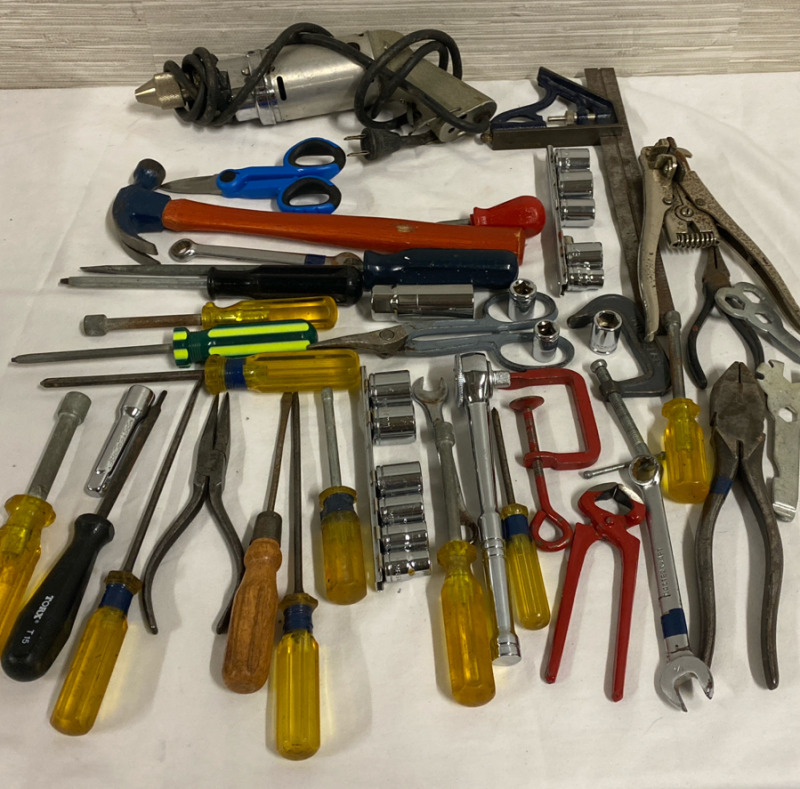 Big Assorted Tool Lot Including HI-Power Electric Drill 1-4” Hammer Screw Drivers Pliers Sockets Wrenches Claps & More