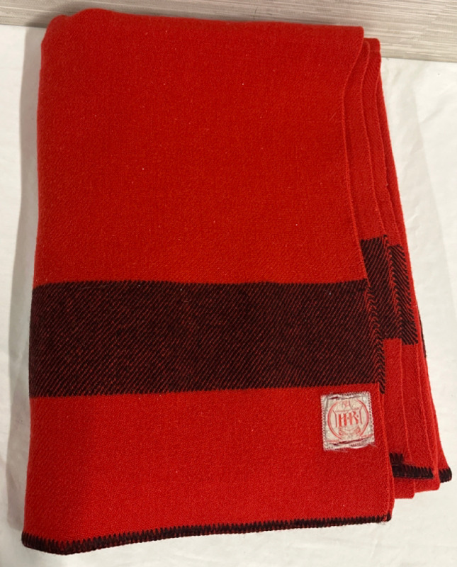 Vintage HB Horn Brothers Wool Red And Black Stiped Blanket Approximately 60” x 80”