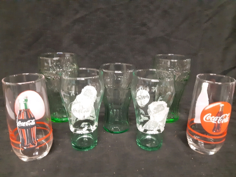 Set Of 7 Vintage Coca - Cola Glasses, Includes 2 Glass Tumblers and 5 Green Glass Juice Glasses Measures From 6"- 6.5" Tall