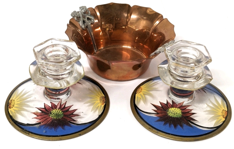 Vintage Flemish Copper B.P. Co 4095 Ornate Bowl 5.25" D x 2" Tall & 2 Handpainted Glass Candlestick Holders 3" Tall