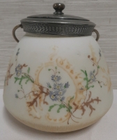 Antique Handpainted Satin Glass and Silverplate Biscuit Jar 6" Wide X 6.5" Tall