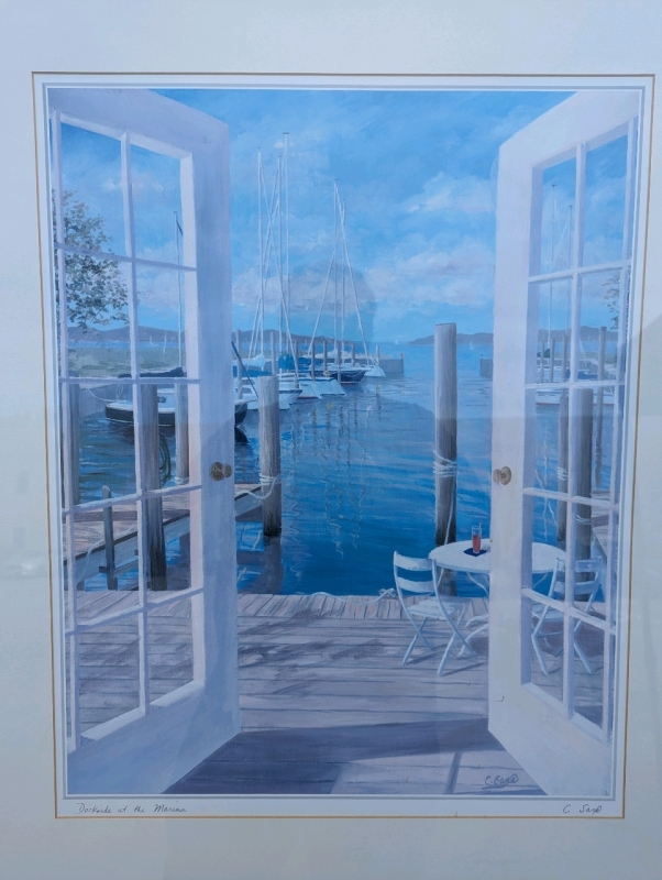 Signed Framed Print of "Dockside at the Marina" by Carole Saxe.