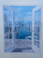 Signed Framed Print of "Dockside at the Marina" by Carole Saxe.