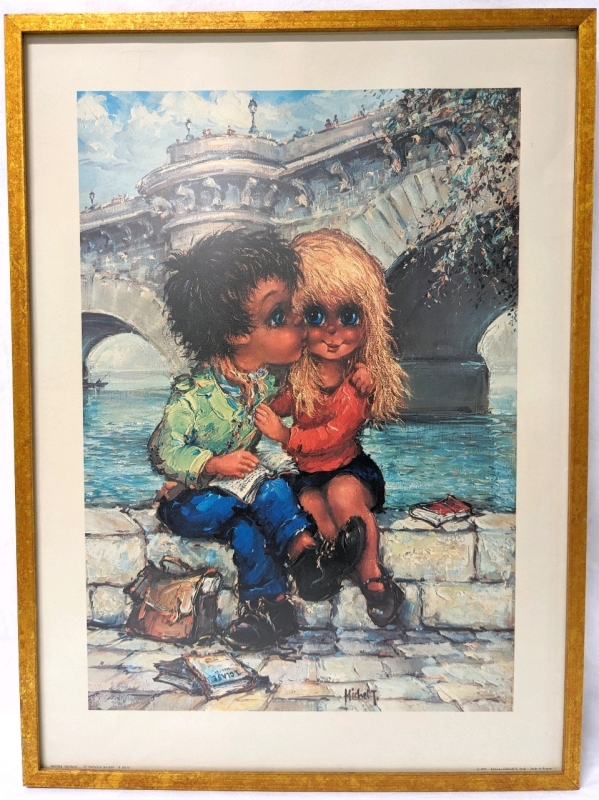 Vintage Michel Thomas "Le Premier Baiser" (The First Kiss) Framed Print | 1975 Made in France | 16.25" x 22"
