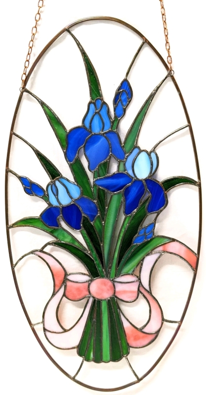Gorgeous Large Hanging Stained Glass Bundled Iris Flowers | 9.5" x 18.5" , Chain 24.5" Long