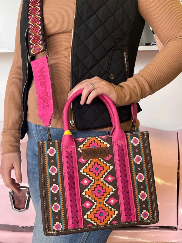 New Wrangler Ladies Southwestern Small Hot Pink Crossbody Tote Bag WG2203- 8120SHPK 10.5" x 5.5" x 8.5" w 46" Strap