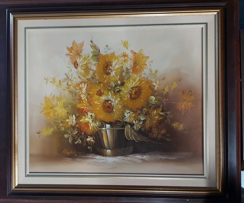 Vintage Signed Painting Of Flowers On Canvas With Wooden Frame 31"x26.5"