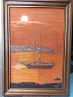 Vintage Signed Painting On Canvas In Wood Frame Boat And Sunset 24.5"x34.5"