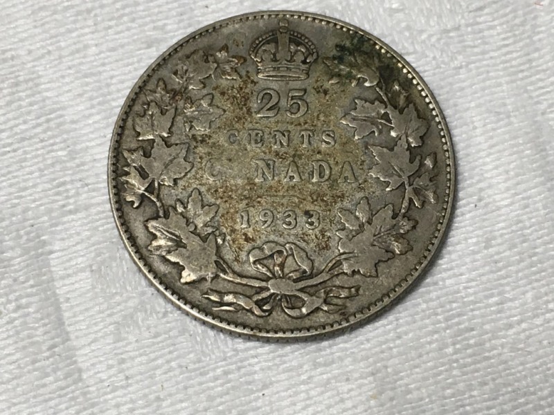 1933 Canada Silver 25 Cent Coin