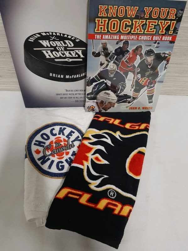 Vintage Brian McFarlane World of Hockey Book & a Sealed Know Your Hockey Multiple Choice Quiz Book plus 50th Anniversary Hockey Night in Canada Towel, Calgary Flames Towel