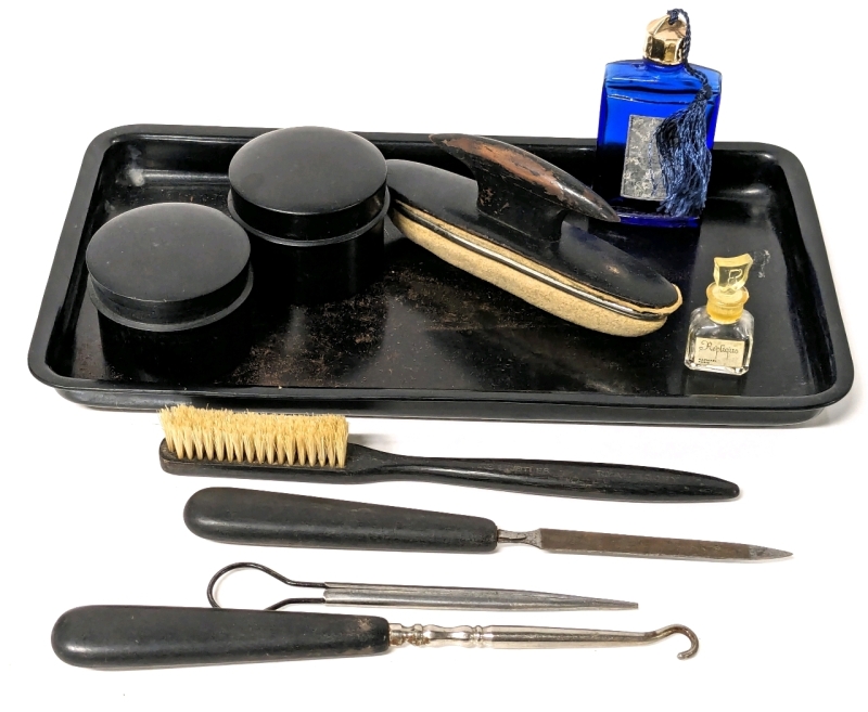 Vintage Real Ebony Vanity Set Made in France Men's Toiletry Tray, Nail Buffer, Brush, Boot Hook, Containers, File, Brush & 1 Small + 1 Tiny Perfume Bottles (Replique Raphael Paris)