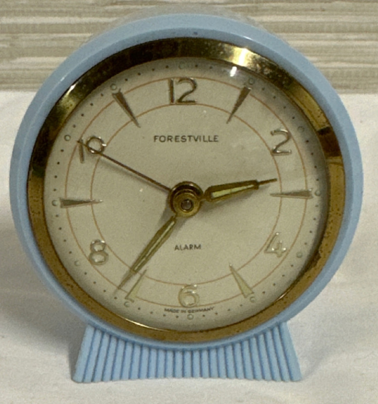 Vintage Forestville Baby Blue Alarm Clock Approximately 3” x 2.5” x 1.25” Made in Germany Working