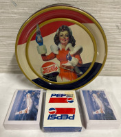 Vintage Pepsi Cola Girl Ice Skating Tin With 1 Pepsi 2 Canada 3000 Vintage Playing Card Decks Sealed