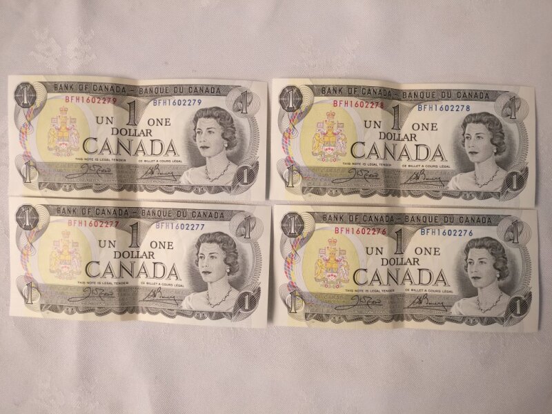 4 (Four) Canadian 1973 Consecutive $1 Bills