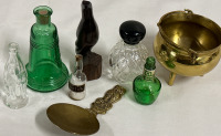 8 Piece Mini Lot Including Minature Coke Scotch & Cologne Bottles and a Liberty Bell Wood Eagle and Brass Pot and Owl