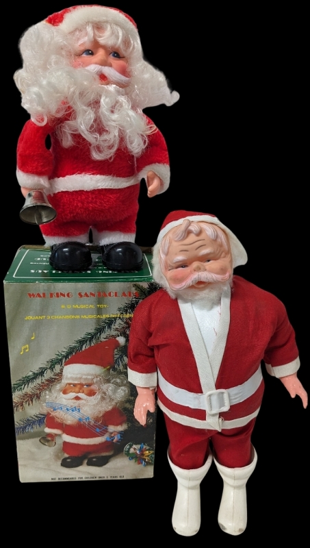 Vintage Santas! Electric Walking Santa B/O Musical Toy (9" Tall) w Original Box & Lightweight 12.5" Foam Santa Figure