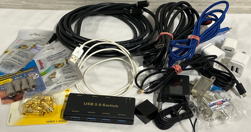 Assorted Cords and Hardware including HDMI Cords Charging Blocks USB 3.0 Switch and More