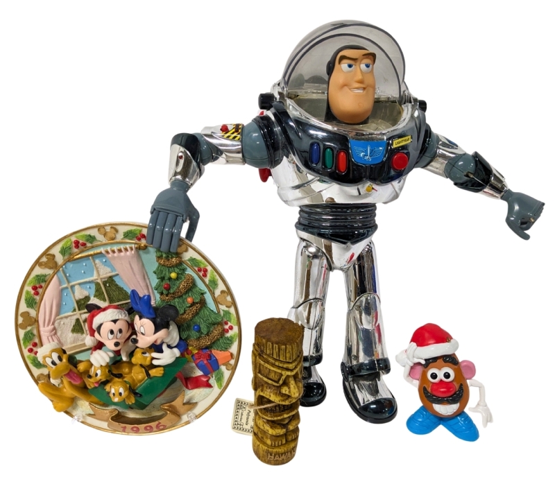 Vintage Ceramic 1996 Disney Christmas Plate 6.5", 2010 Mr Potato Head Ornament, 4.2" Tall Resin Polynesian Happy Tiki & 12.5" Intergalactic Chrome Buzz Lightyear