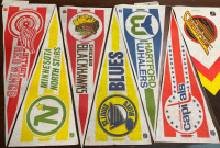 7 Vintage NHL Hockey Pennants The Hartford Whalers Washington Capitals Vancouver Canucks Detroit Redwings Minnesota North Stars Chicago Blackhawks & St.Louis Blues Looks Like 1980’s Trench Canada