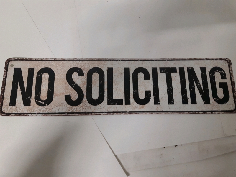 Tin Wall Sign No Soliciting 4 x 16 Inches