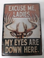 New Metal Wall Sign " Excusse Me Ladies My Eyes Are Down Here" 12 x 17 inches