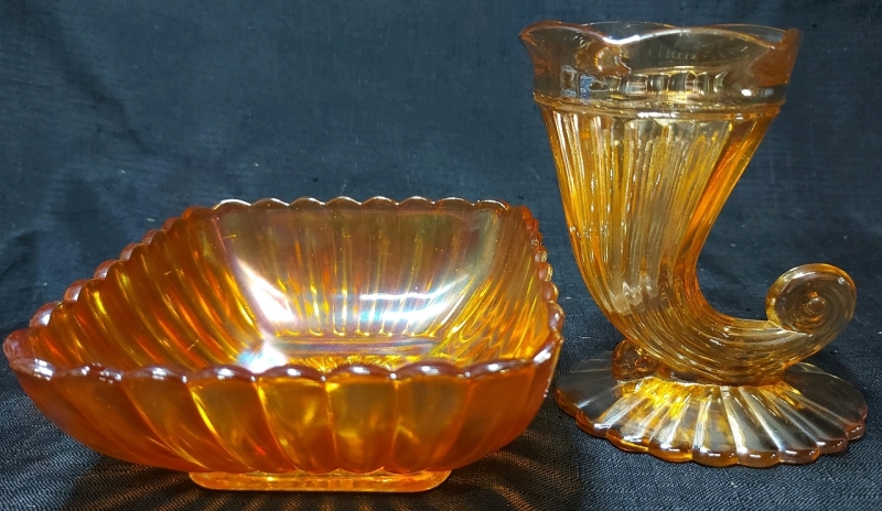 Orange Carnival Glass Bowl And Cornucopia Horn Great Pre Owned Condition