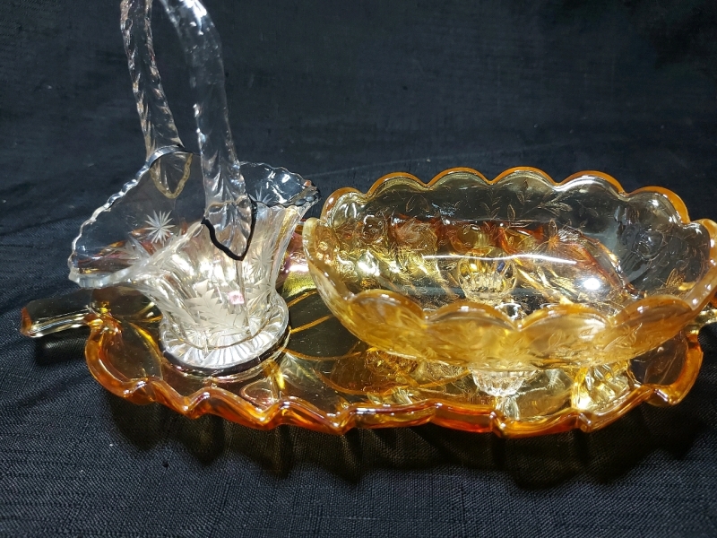 Orange Carnival Glass Leaf Dish, Orange Footed Candy Bowl And Etched Glass Basket In Good Pre Owned Condition Some Minor Scratching From Use