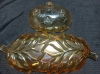 Orange Carnival Glass Leaf Dish, Orange Footed Candy Bowl And Etched Glass Basket In Good Pre Owned Condition Some Minor Scratching From Use - 4