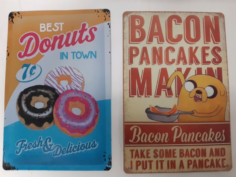 2 New Tin Wall Signs Best Donuts In Town & Adventure Time Makin Bacon Pancakes 12" x 8" Inches