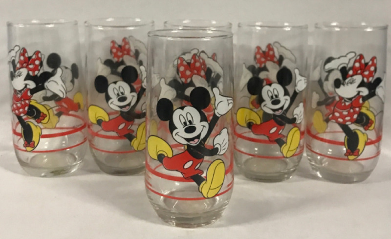 6 Vintage Disney Mickey And Minnie Mouse Drinking Glass 6" Tall 15 oz