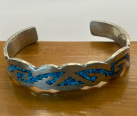 925 Sterling Silver Inlay Turquoise Mexico Cuff TM 176