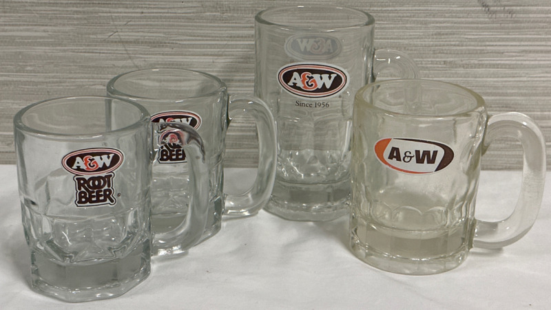 4 Vintage A&W Glass Mugs 2 Root Beer Labels 1 Since 1956 Lable and 1 Plain A&W Label Pre-owned