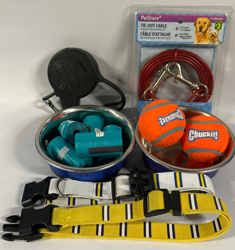 13 Piece Dog Lot Including Tie-Out Cable Extendable Leash 2 Collars 2 Balls 2 Dishes and 5 Poop Bag Rolls