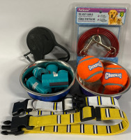 13 Piece Dog Lot Including Tie-Out Cable Extendable Leash 2 Collars 2 Balls 2 Dishes and 5 Poop Bag Rolls