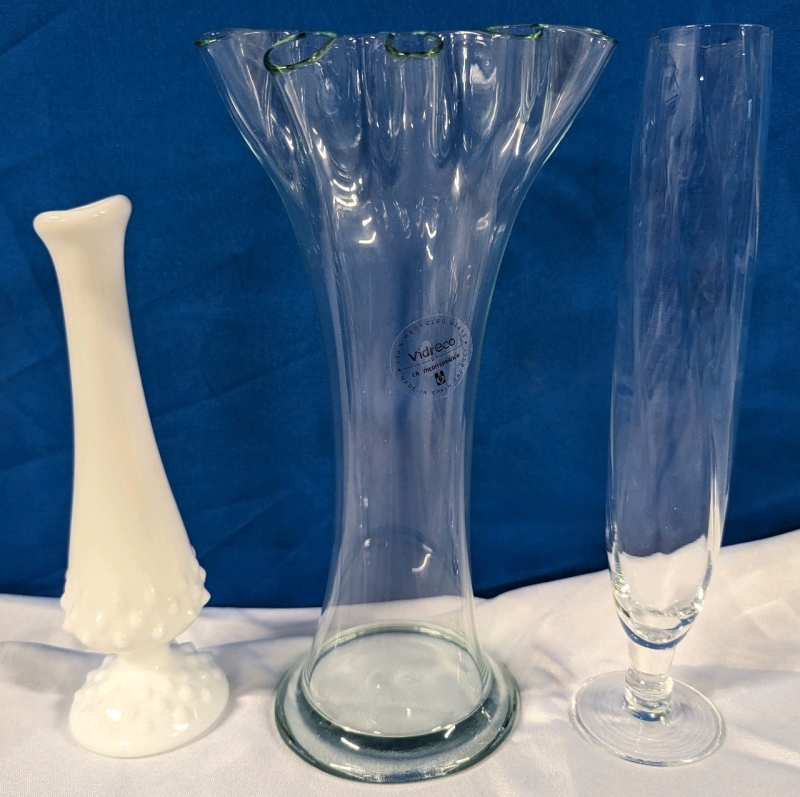 3 Vases, 2 Glass, 1 Hobnail Milk Glass. Tallest Measures 10".