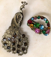 Vintage Brooches : Peacock & Basket w Multicolored Glass Stone Embellishments | 0.75x1" & 1.25x2.5"