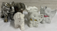 6 Assorted Elephants Including a Hand Decorated Shafford 5038 Ceramic Grey Elephant - 3 White Ceramic White Elephants - 1 Opal Ceramic Elephant & Small Metal Planter Elephant