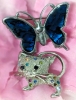 Creature Couture: Butterfly Brooch w Inlaid Paua Shell & Kitten Brooch w Multicolored Stones | 1.4" x 1" / 1" x 1"